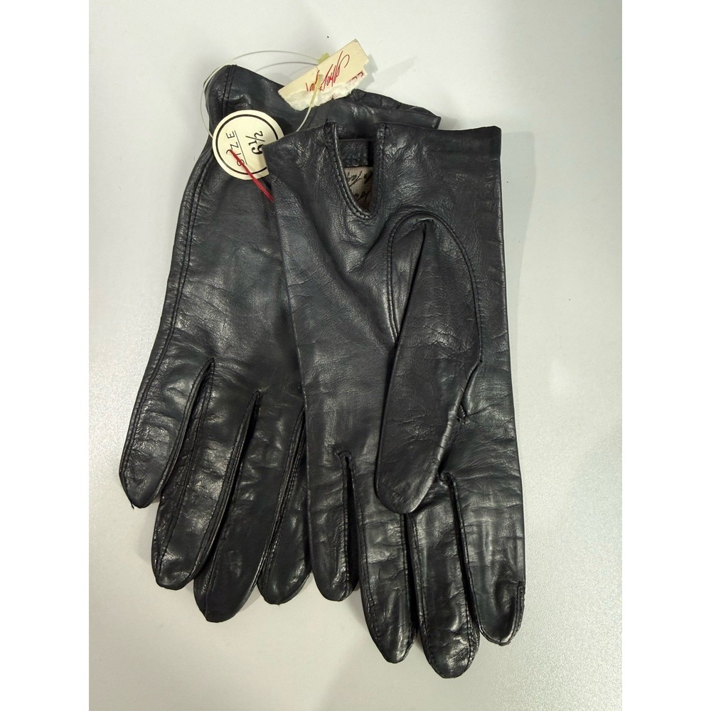 Vtg Lord & Taylor Gloves Womens Size 6.5 Blue/Black Leather Cashmere Lined M